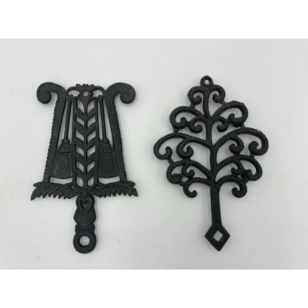 Vintage MCM  Set of 2 Black Cast Iron Trivets Wall Hangings Tree Brooms